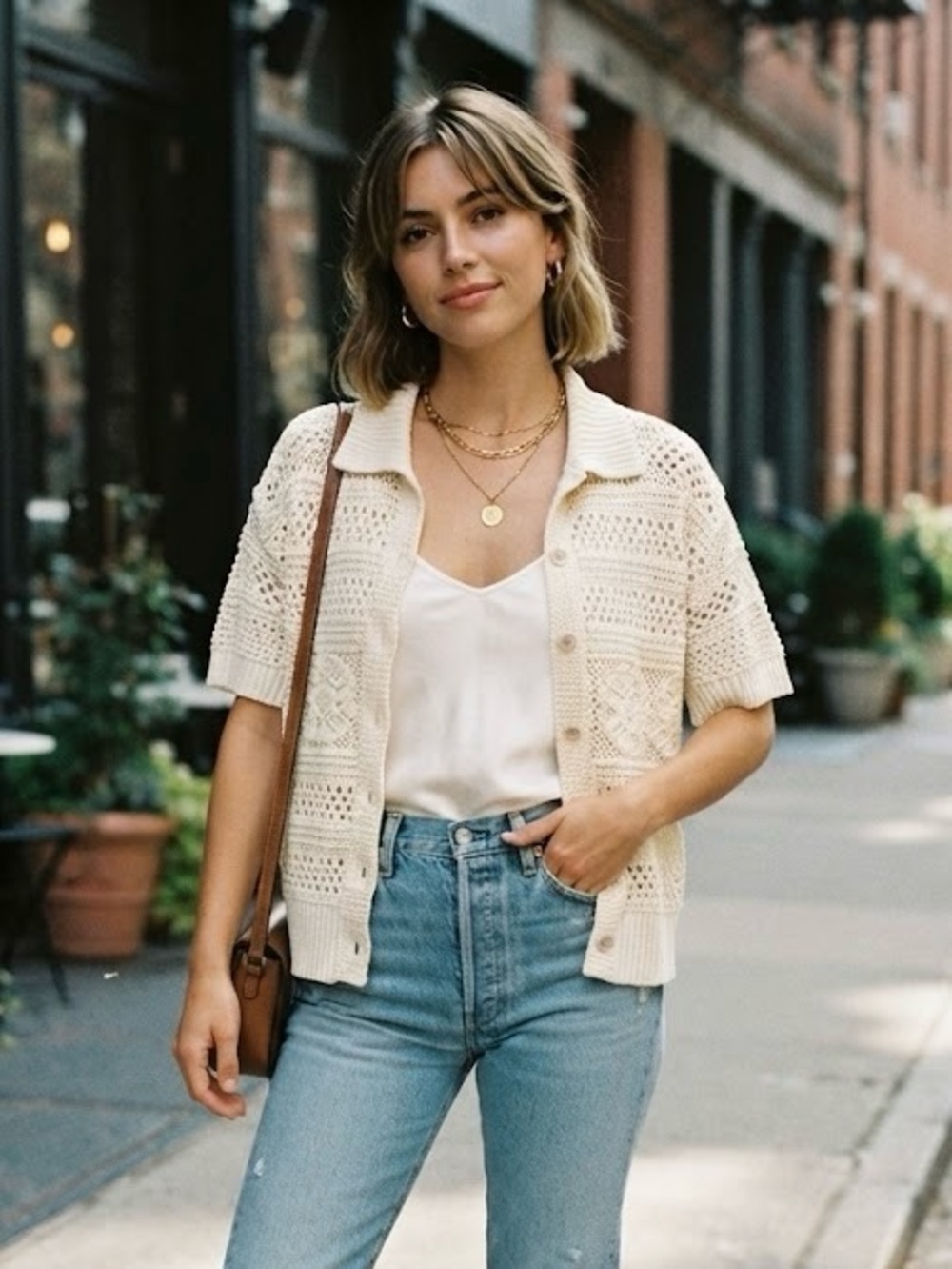 mySTYLE Cream Open Knit Crocheted Short Sleeve Polo Cardigan 100% Cotton Boho